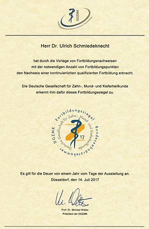 Qualifikation, Fortbildung und Zertifikate - Zahnarztpraxis Dr. Schmiedeknecht - Teltow, Berlin, Stahnsdorf...